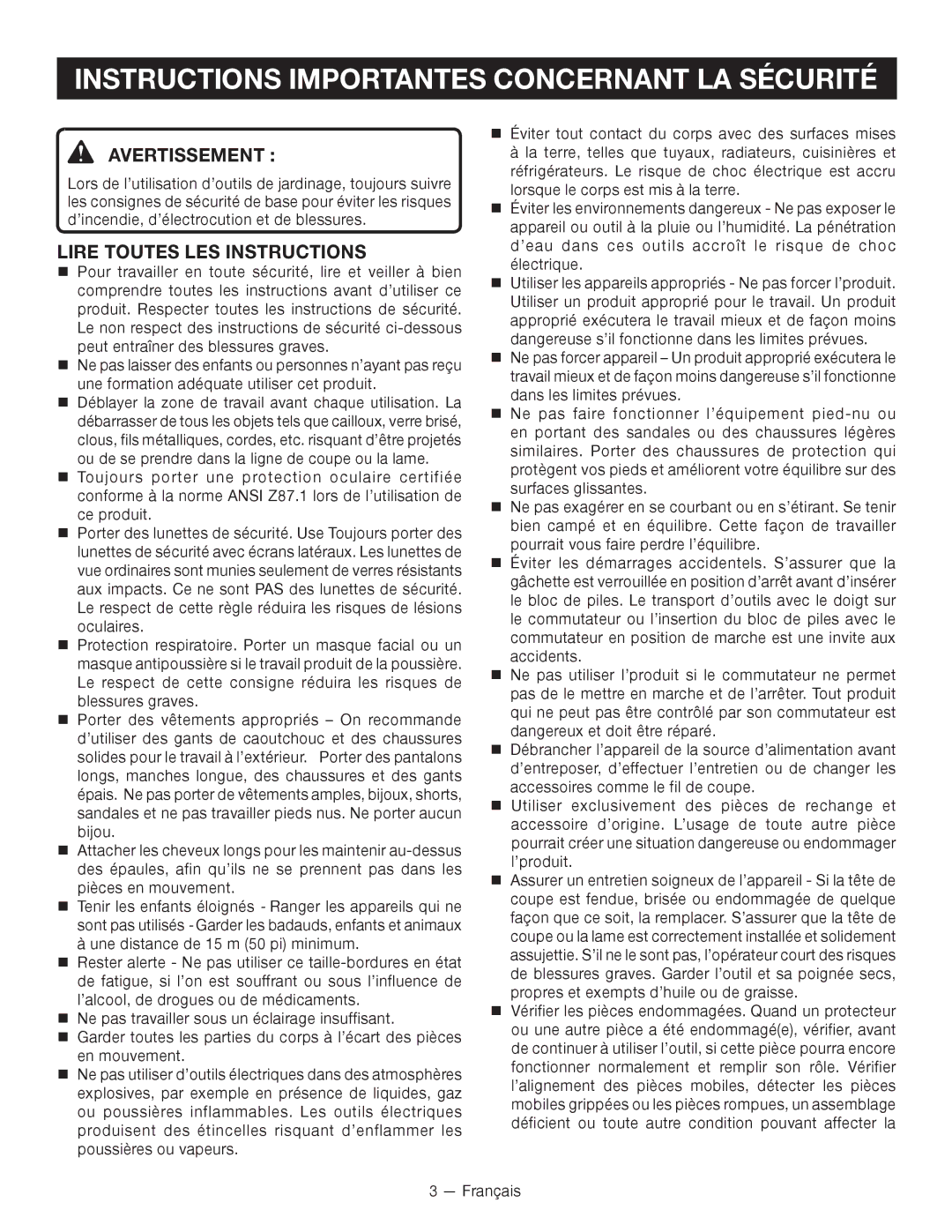 Ryobi P2002 Instructions Importantes Concernant LA Sécurité, Avertissement , Lire toutes les instructions 